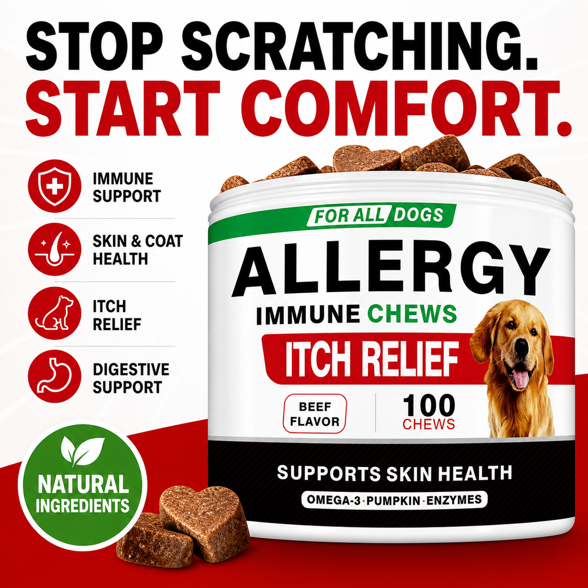 Seasonal Skin & Immune Support Chews for Dogs – Omega 3-6-9, Quercetin, Bromelain, Pumpkin & Turmeric – Beef Flavor, 100 Count