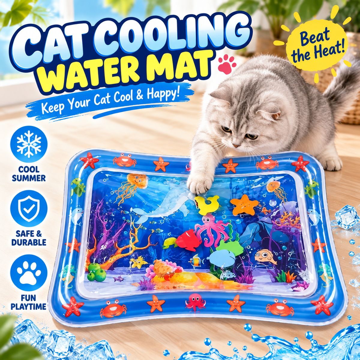 Interactive Cat Cooling Water Mat | Inflatable Summer Play Pad with Floating Toys