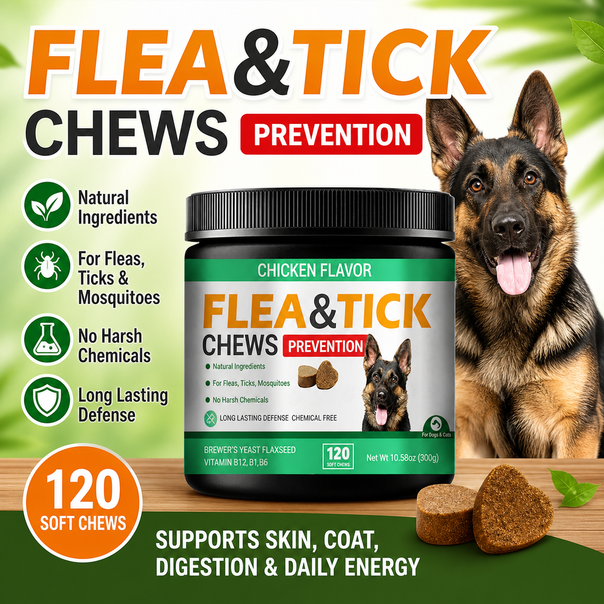 Daily Skin, Coat & Digestive Support Soft Chews for Dogs – Flaxseed, Brewer’s Yeast & Neem – Chicken Flavor, 120 Count