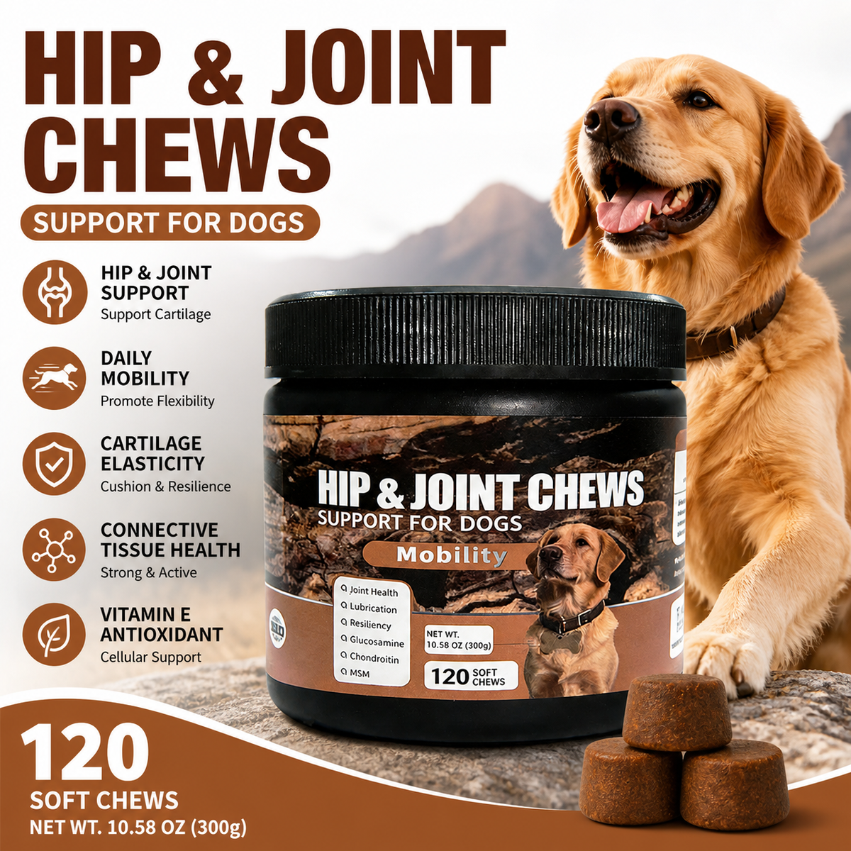 Hip & Joint Support Soft Chews for Dogs – Glucosamine HCl, MSM & Chondroitin for Mobility, Cartilage & Connective Tissue – 120 Count