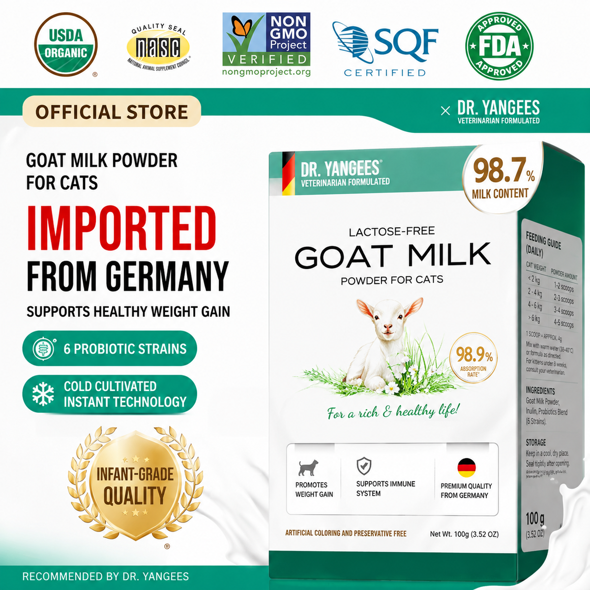 DR.YANGEES Lactose-Free Goat Milk Powder for Cats – 98.9% Whole Goat Milk, Probiotics, 150g
