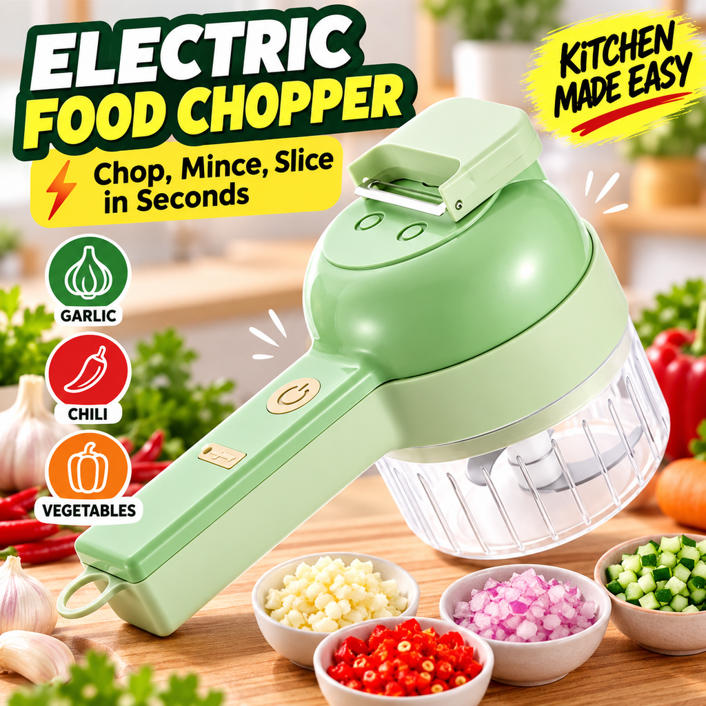 4-in-1 Rechargeable Electric Food Chopper & Slicer | Cordless One-Touch Kitchen Prep Tool