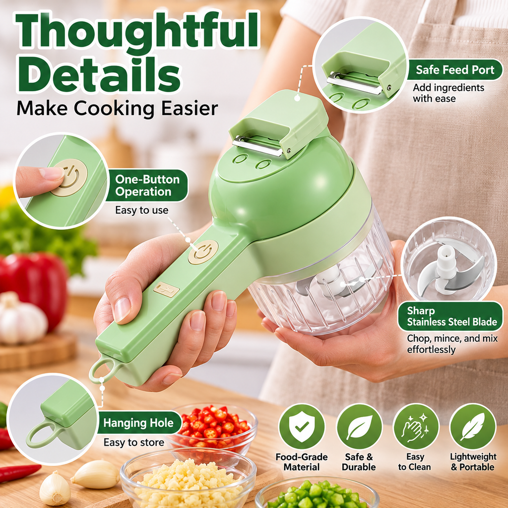 4-in-1 Rechargeable Electric Food Chopper & Slicer | Cordless One-Touch Kitchen Prep Tool