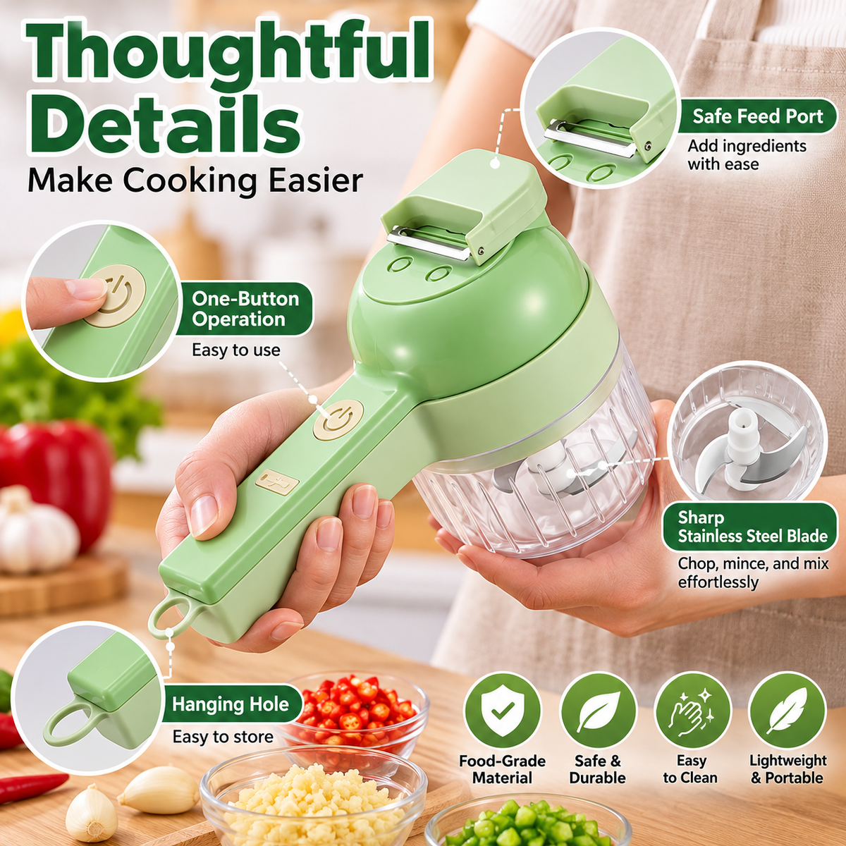 4-in-1 Rechargeable Electric Food Chopper & Slicer | Cordless One-Touch Kitchen Prep Tool
