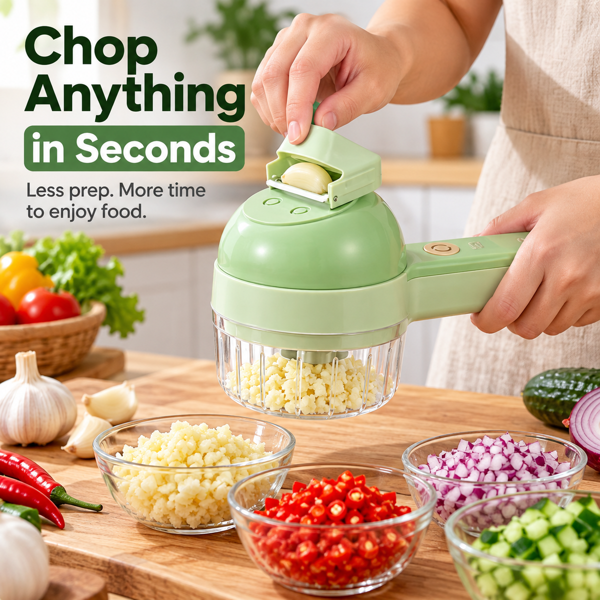 4-in-1 Rechargeable Electric Food Chopper & Slicer | Cordless One-Touch Kitchen Prep Tool