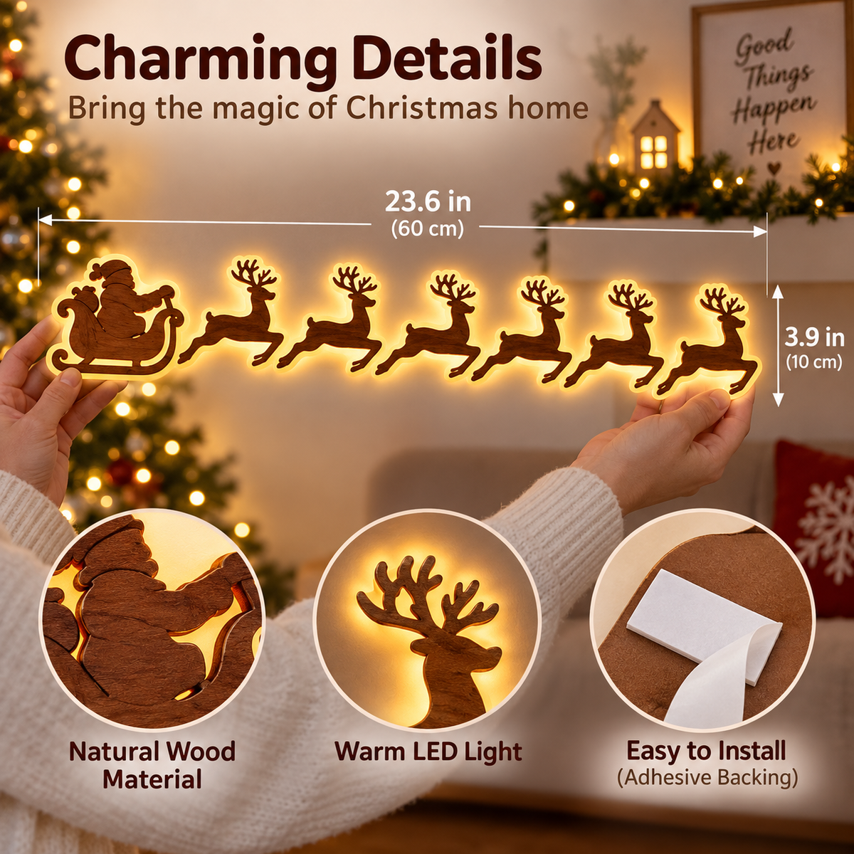 Warm Glow Santa & Reindeer Christmas Wall Light – 7-Piece Wooden Holiday Decor