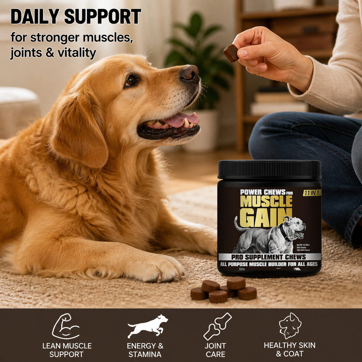 Muscle, Performance & Joint Support Soft Chews for Dogs – Chicken, Collagen & Flaxseed Oil for Mobility, Skin & Coat – 120 Count