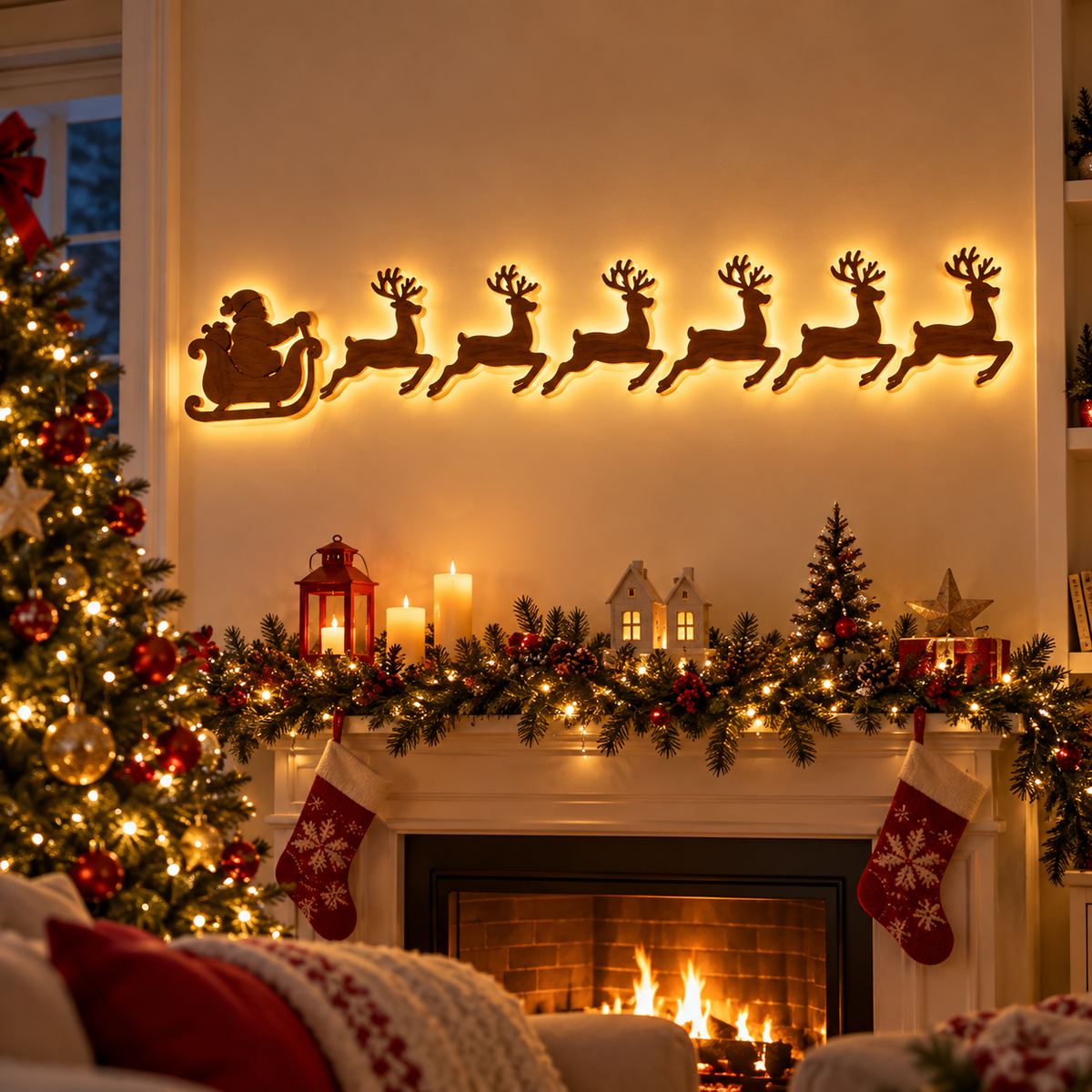 Warm Glow Santa & Reindeer Christmas Wall Light – 7-Piece Wooden Holiday Decor