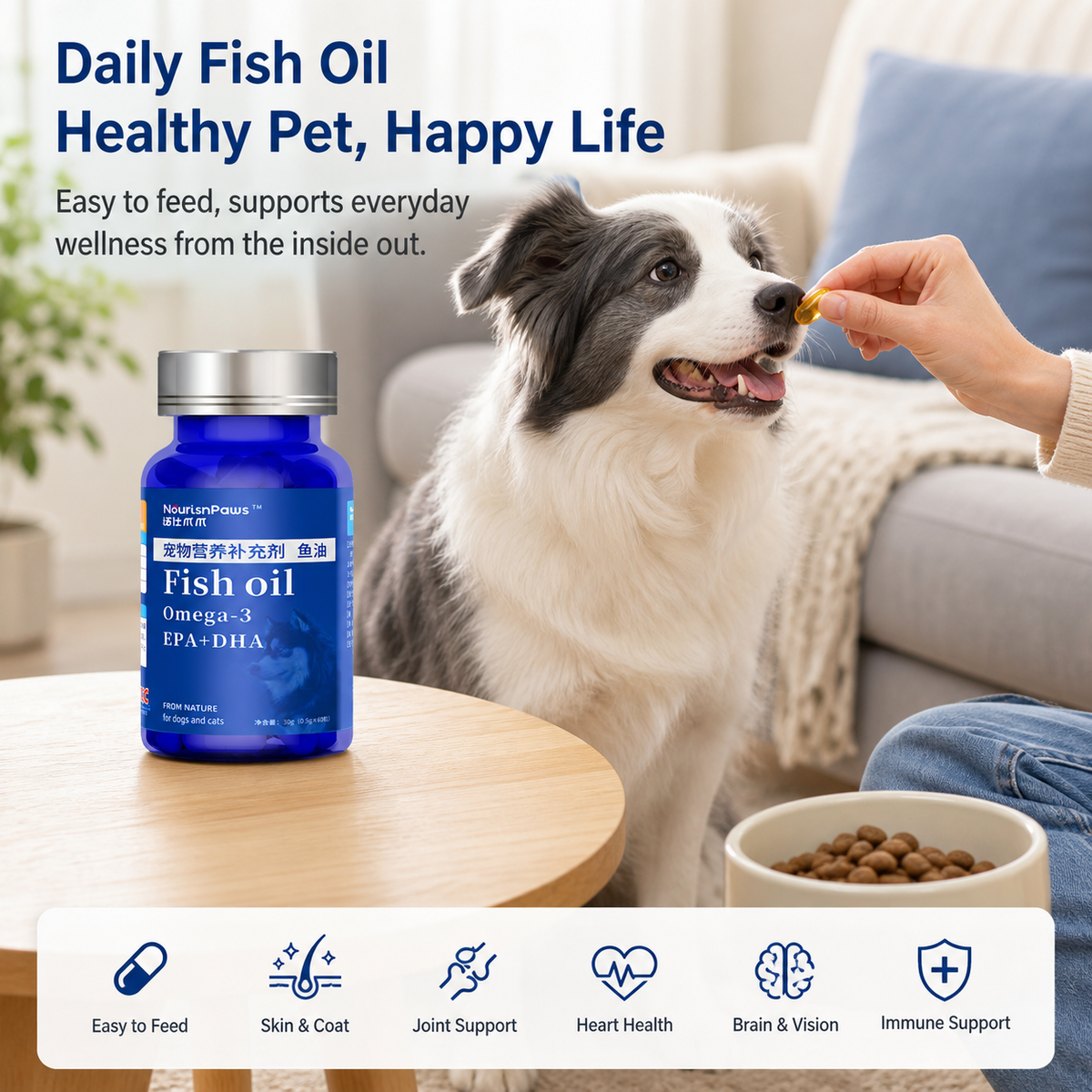 Deep-Sea Omega-3 Fish Oil Softgels for Dogs & Cats – EPA + DHA Skin, Coat, Joint, Heart, Brain & Vision Support – 60 Count