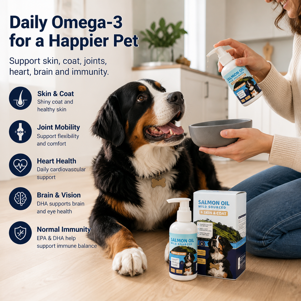 Wild-Sourced Salmon & Cod Oil for Dogs and Cats – Omega-3 EPA & DHA Skin and Coat Support – Easy Pump