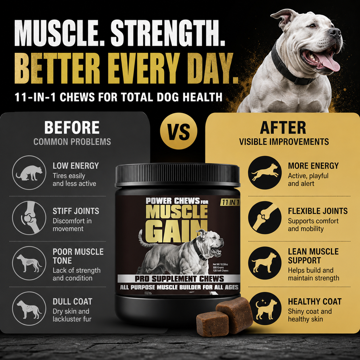 Muscle, Performance & Joint Support Soft Chews for Dogs – Chicken, Collagen & Flaxseed Oil for Mobility, Skin & Coat – 120 Count