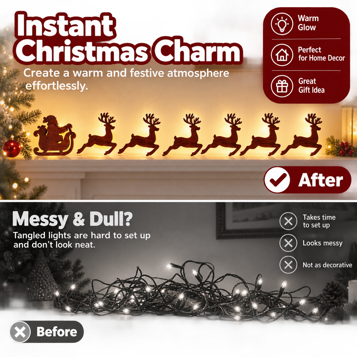 Warm Glow Santa & Reindeer Christmas Wall Light – 7-Piece Wooden Holiday Decor