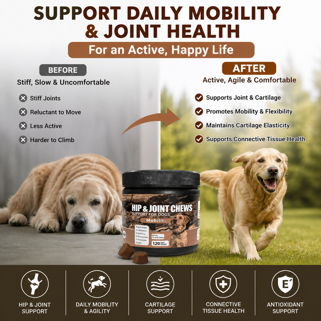 Hip & Joint Support Soft Chews for Dogs – Glucosamine HCl, MSM & Chondroitin for Mobility, Cartilage & Connective Tissue – 120 Count
