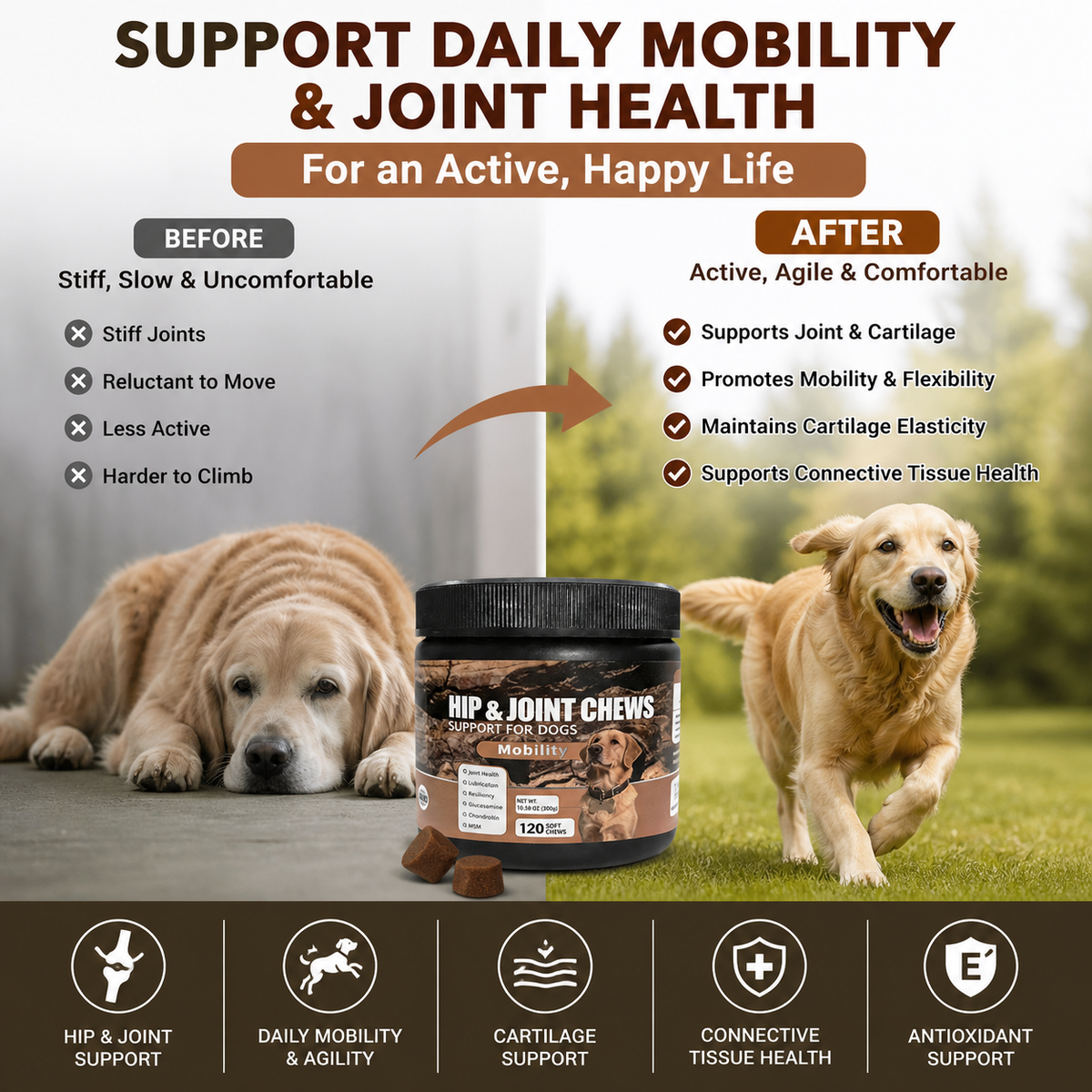 Hip & Joint Support Soft Chews for Dogs – Glucosamine HCl, MSM & Chondroitin for Mobility, Cartilage & Connective Tissue – 120 Count