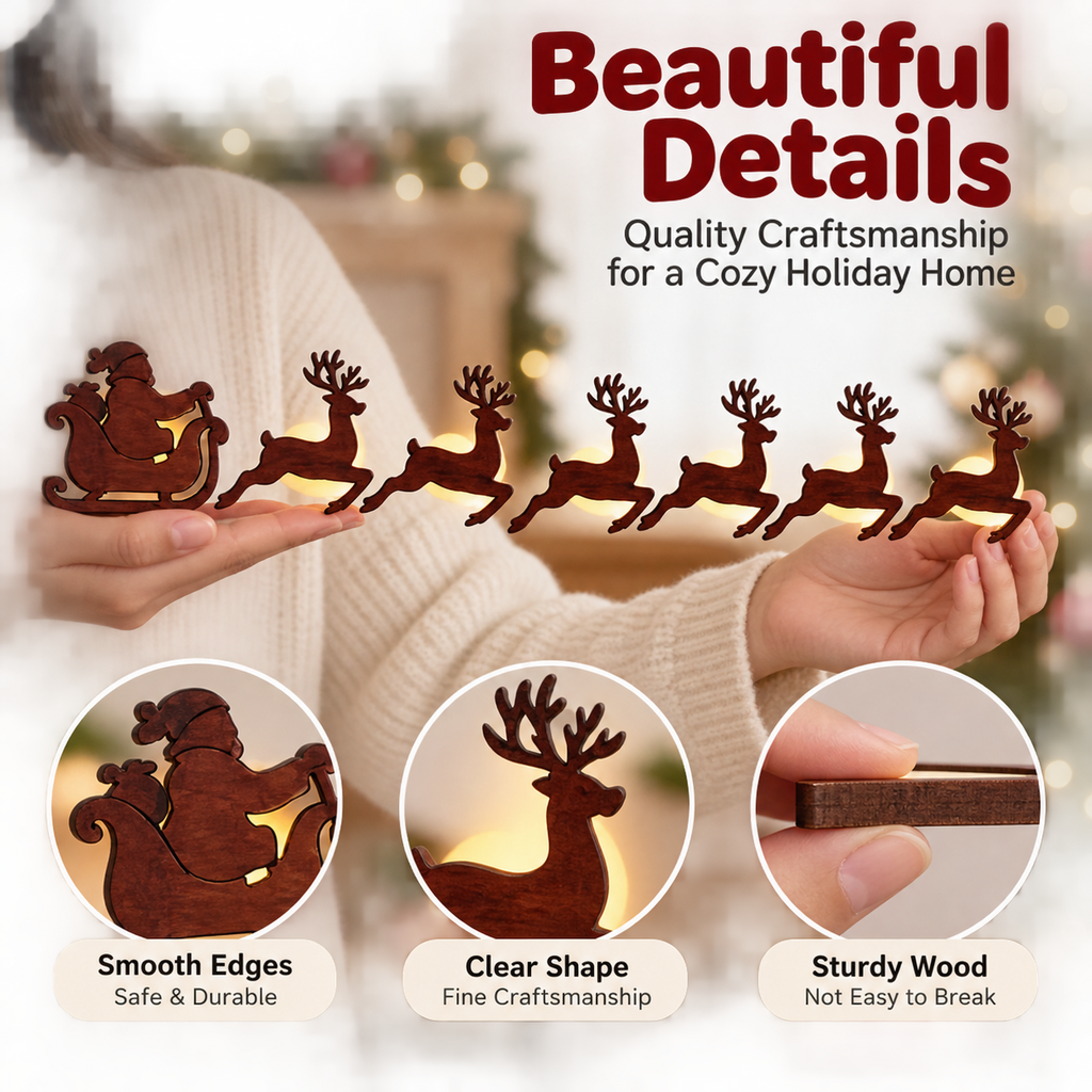 Warm Glow Santa & Reindeer Christmas Wall Light – 7-Piece Wooden Holiday Decor