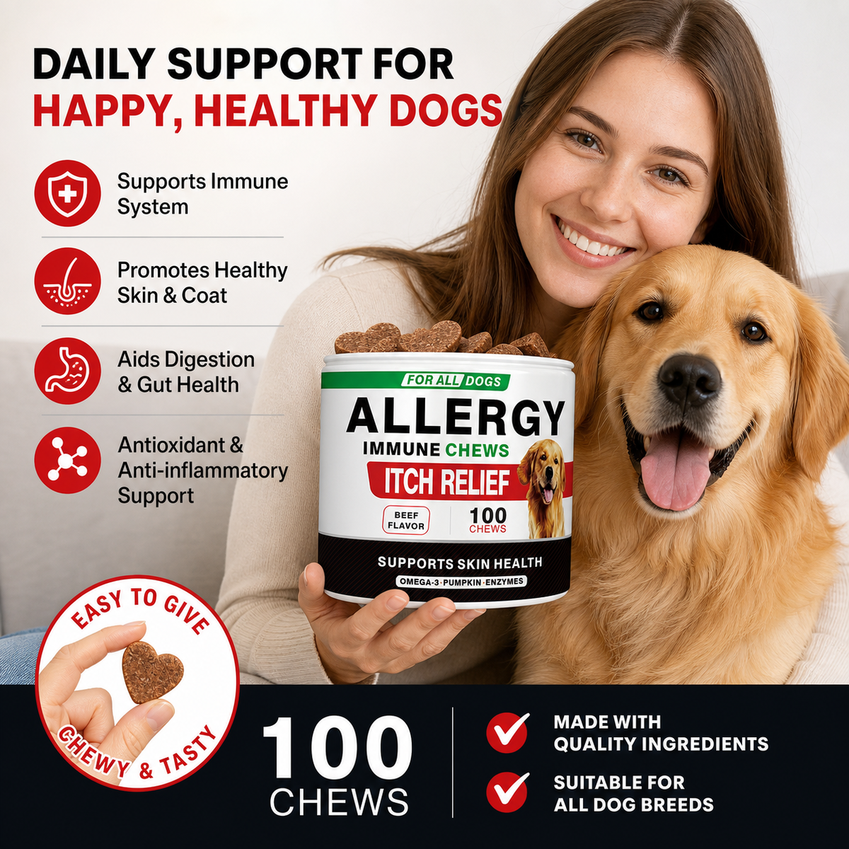 Seasonal Skin & Immune Support Chews for Dogs – Omega 3-6-9, Quercetin, Bromelain, Pumpkin & Turmeric – Beef Flavor, 100 Count