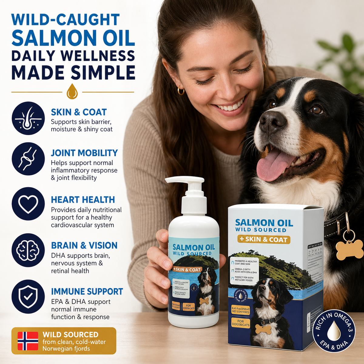 Wild-Sourced Salmon & Cod Oil for Dogs and Cats – Omega-3 EPA & DHA Skin and Coat Support – Easy Pump