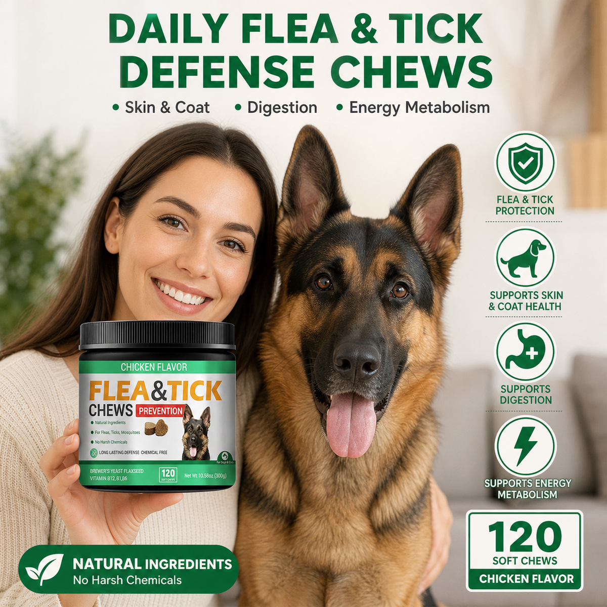 Daily Skin, Coat & Digestive Support Soft Chews for Dogs – Flaxseed, Brewer’s Yeast & Neem – Chicken Flavor, 120 Count