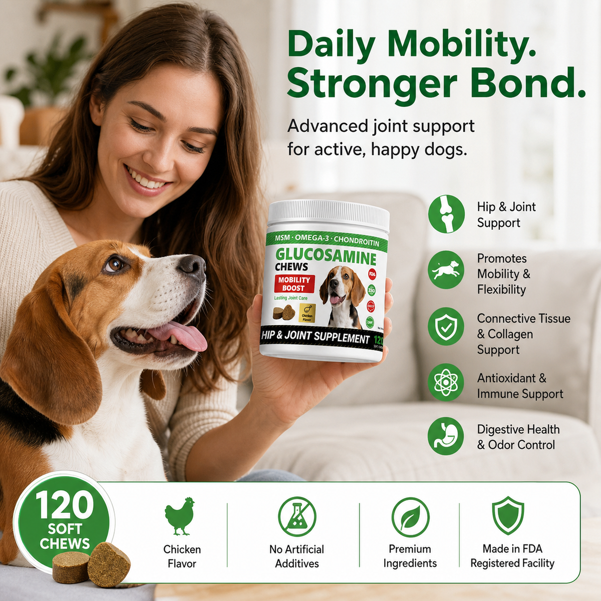 Glucosamine Joint Supplement Soft Chews for Dogs – MSM + Chondroitin for Cartilage, Mobility & Connective Tissue Support – 120 Count