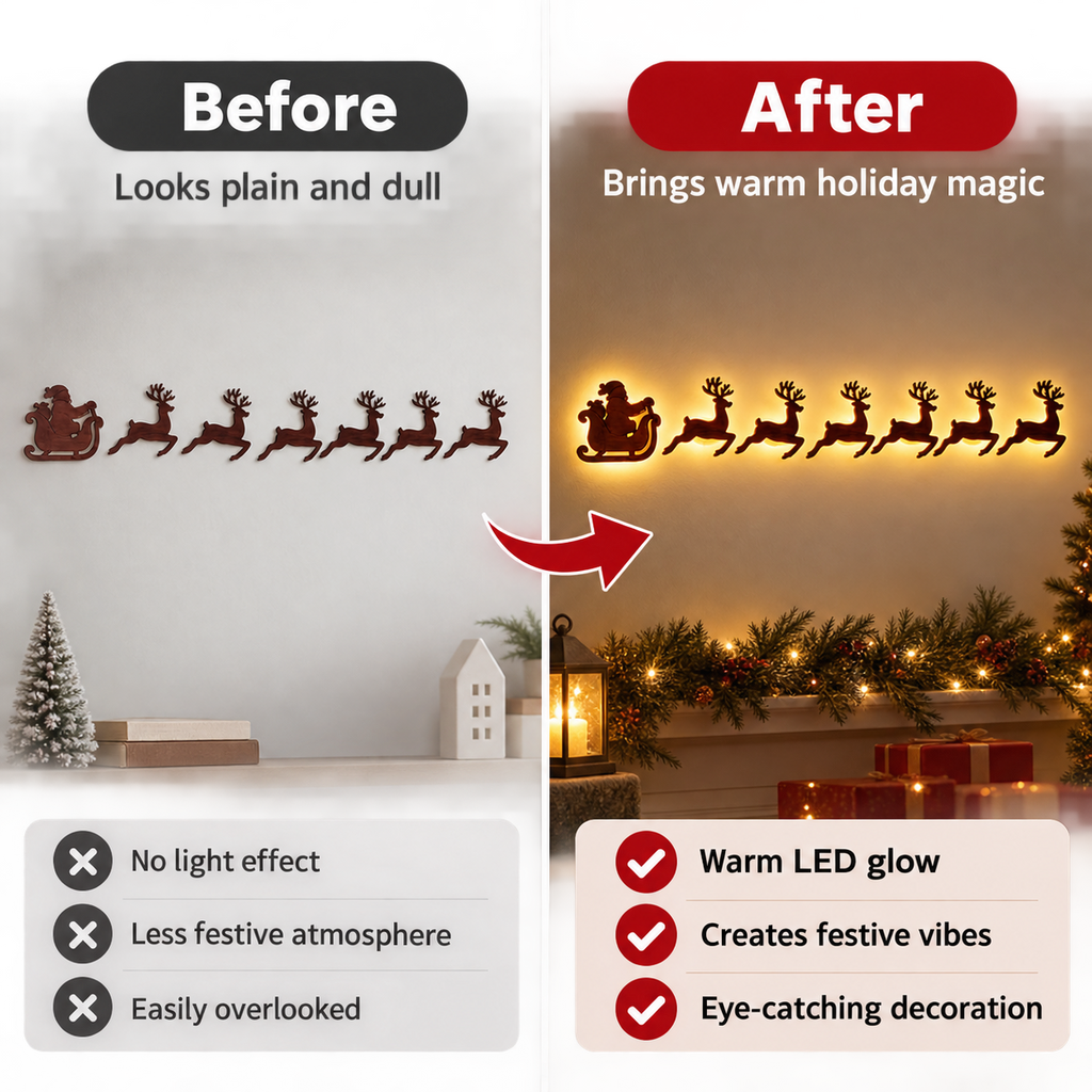 Warm Glow Santa & Reindeer Christmas Wall Light – 7-Piece Wooden Holiday Decor