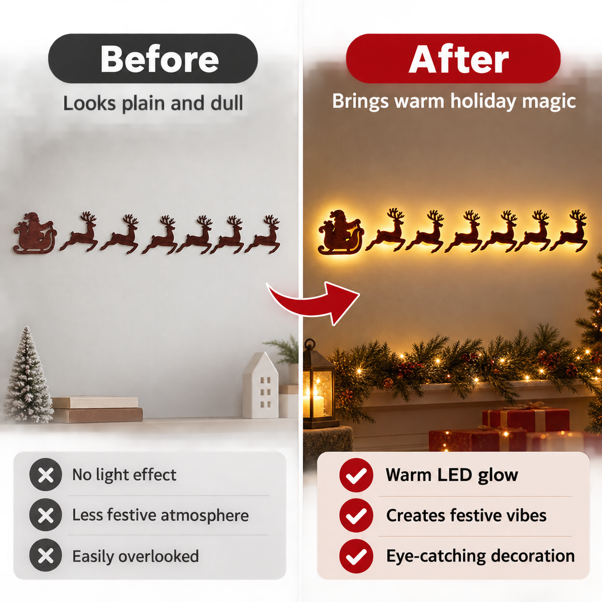 Warm Glow Santa & Reindeer Christmas Wall Light – 7-Piece Wooden Holiday Decor